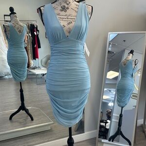 Elegant V Neck Blue and Pink Polkadot Sleeveless Dress